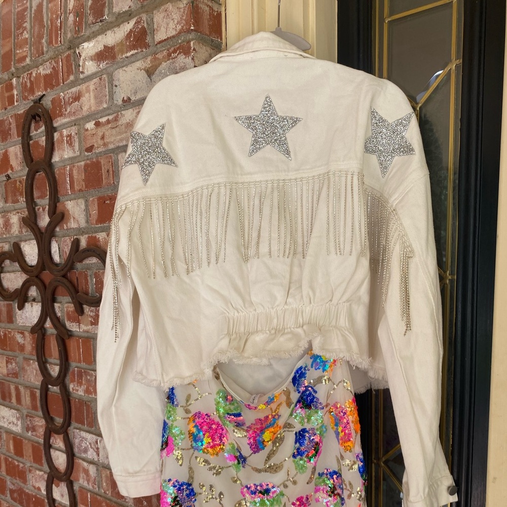 Star Rhinestone Fringe Denim Jacket - White side M - Picture 6 of 10